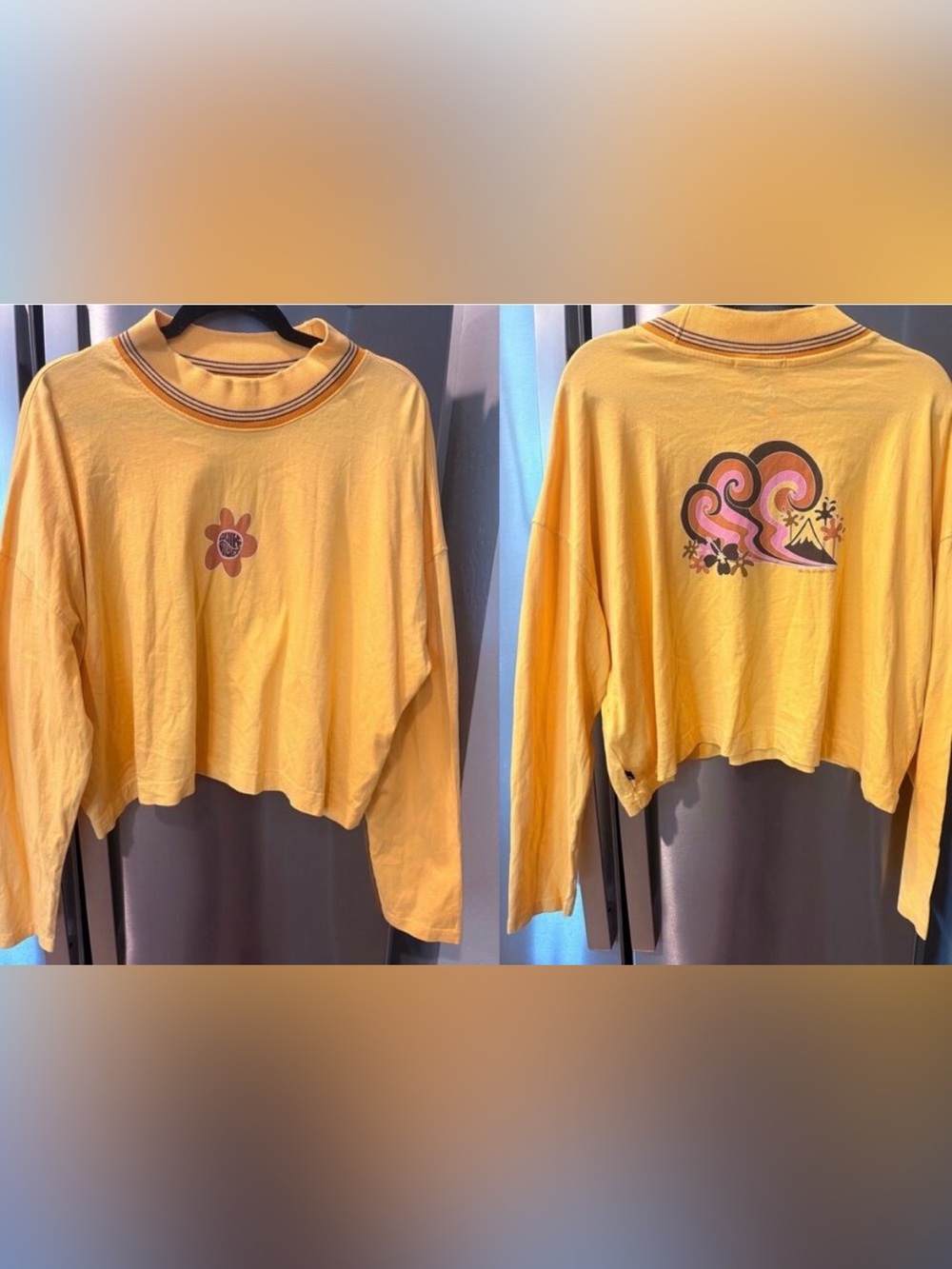 Quicksilver Women’s “90’s Crop” Yellow Graphic Tee Top L/S Retro Flowers Waves